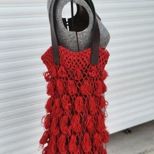 Unique Crochet purse in gorgeous red with leather straps